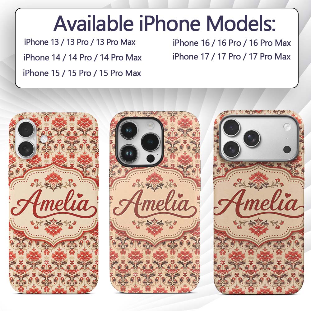 Vintage Floral Damask Pattern in Red and Taupe on Custom Name Protective Phone Case Mobile Cover Durable Everyday Smartphone Shock Resistant