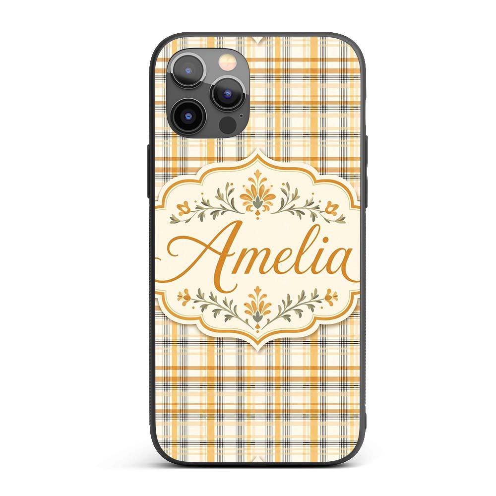 Warm Beige and Mustard Plaid Check Pattern with Custom Name Protective Phone Case Mobile Cover Durable Everyday Smartphone Shock Resistant