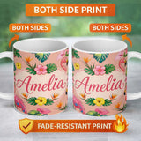Personalized Custom Name Tropical Flamingo Bird with Exotic Flowers Leaves Pattern Peach 11oz Ceramic Coffee Tea Mug White Large Handle