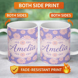Personalized Custom Name Peach Daisy Floral Pattern on Lavender Purple Background Seamless 11oz Ceramic Coffee Tea Mug White Large Handle