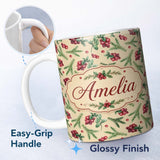 Personalized Custom Name Watercolor Christmas Berries Pine Branches Seamless Pattern Festive 11oz Ceramic Coffee Tea Mug White Large Handle