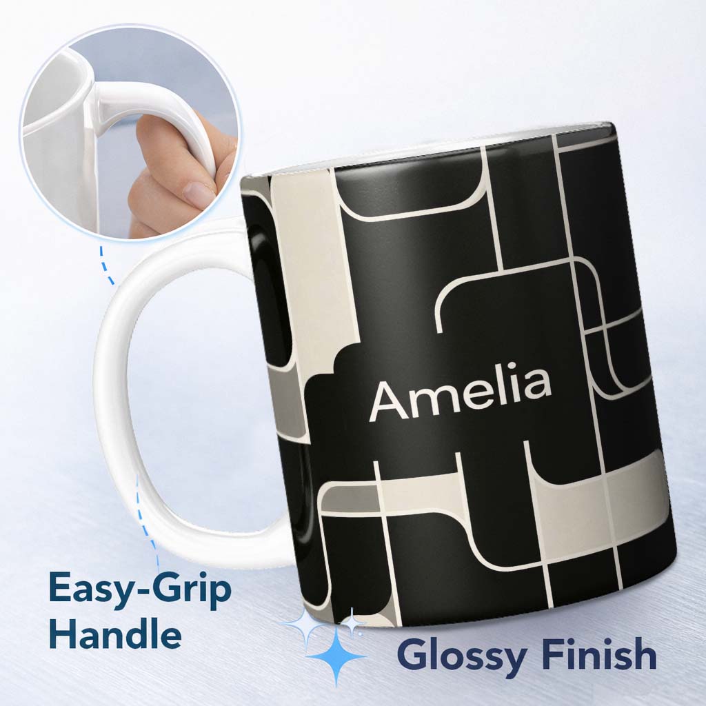 Personalized Custom Name Contemporary Line Grid Black Cream Abstract Outline Pattern Lovely 11oz Ceramic Coffee Tea Mug White Large Handle