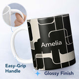 Personalized Custom Name Contemporary Line Grid Black Cream Abstract Outline Pattern Lovely 11oz Ceramic Coffee Tea Mug White Large Handle