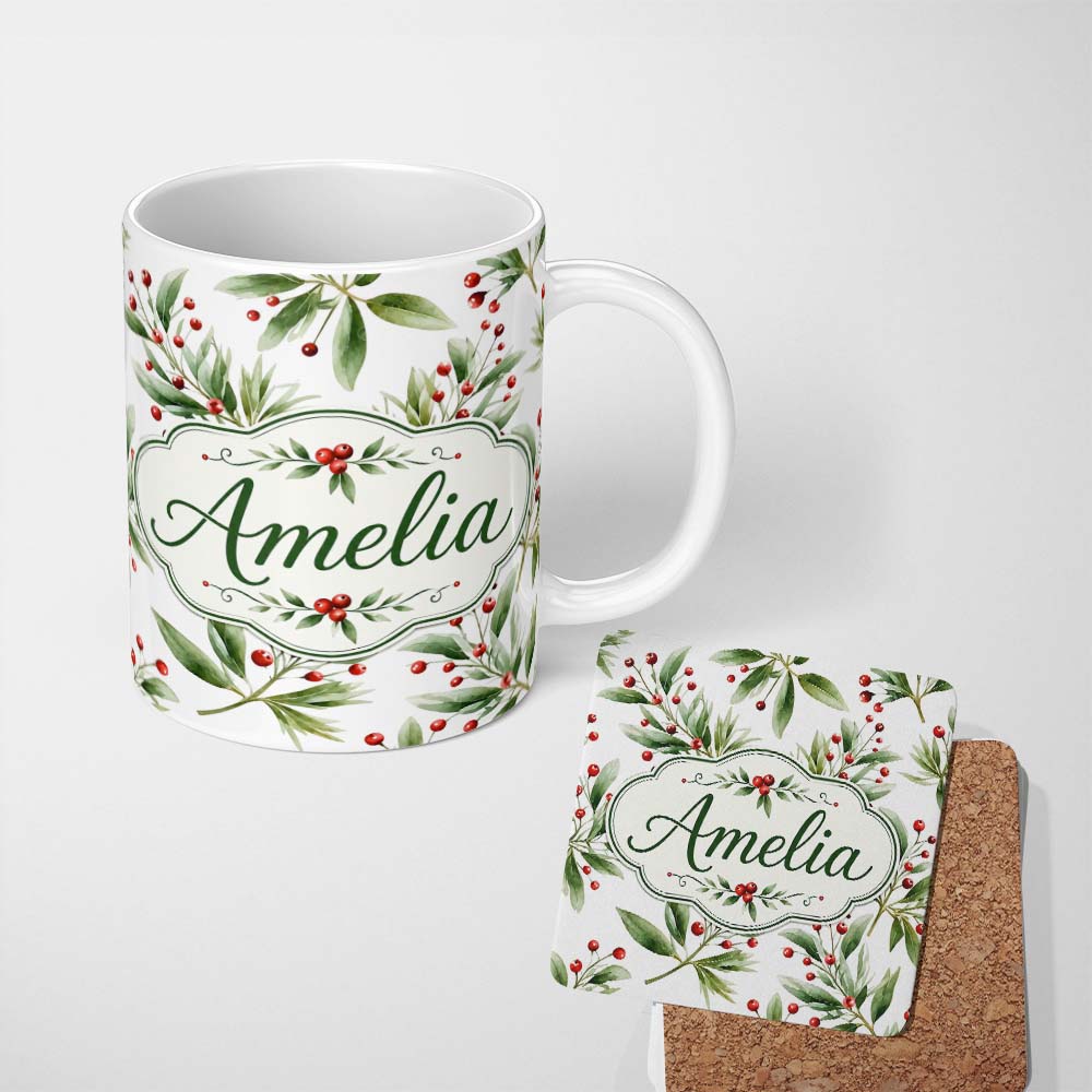 Personalized Custom Name Green Leaves Red Berry Botanical Elegant Seamless Pattern Lovely 11oz Ceramic Coffee Tea Mug White Large Handle