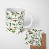 Personalized Custom Name Green Leaves Red Berry Botanical Elegant Seamless Pattern Lovely 11oz Ceramic Coffee Tea Mug White Large Handle