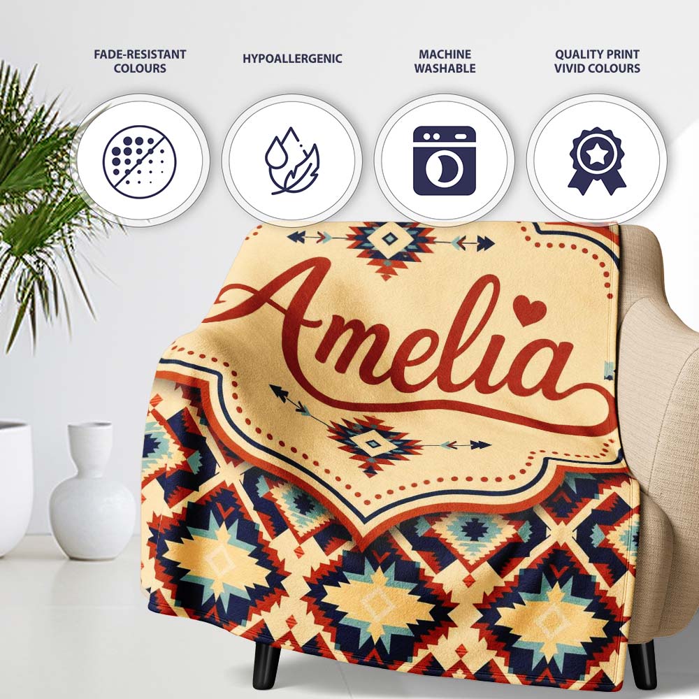Bold Geometric Navajo Diamond Pattern in Red Navy and Cream Lovely  Personalised Custom Name Super Soft Fleece Blanket Bed Sofa Throw