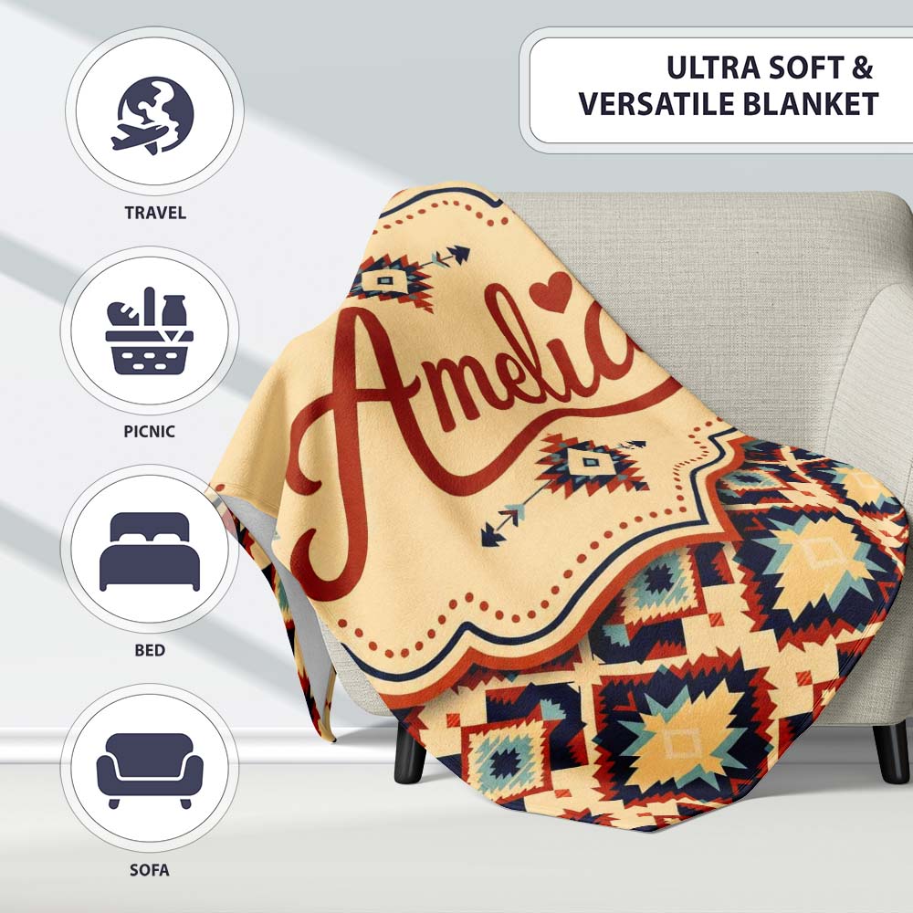 Bold Geometric Navajo Diamond Pattern in Red Navy and Cream Lovely  Personalised Custom Name Super Soft Fleece Blanket Bed Sofa Throw
