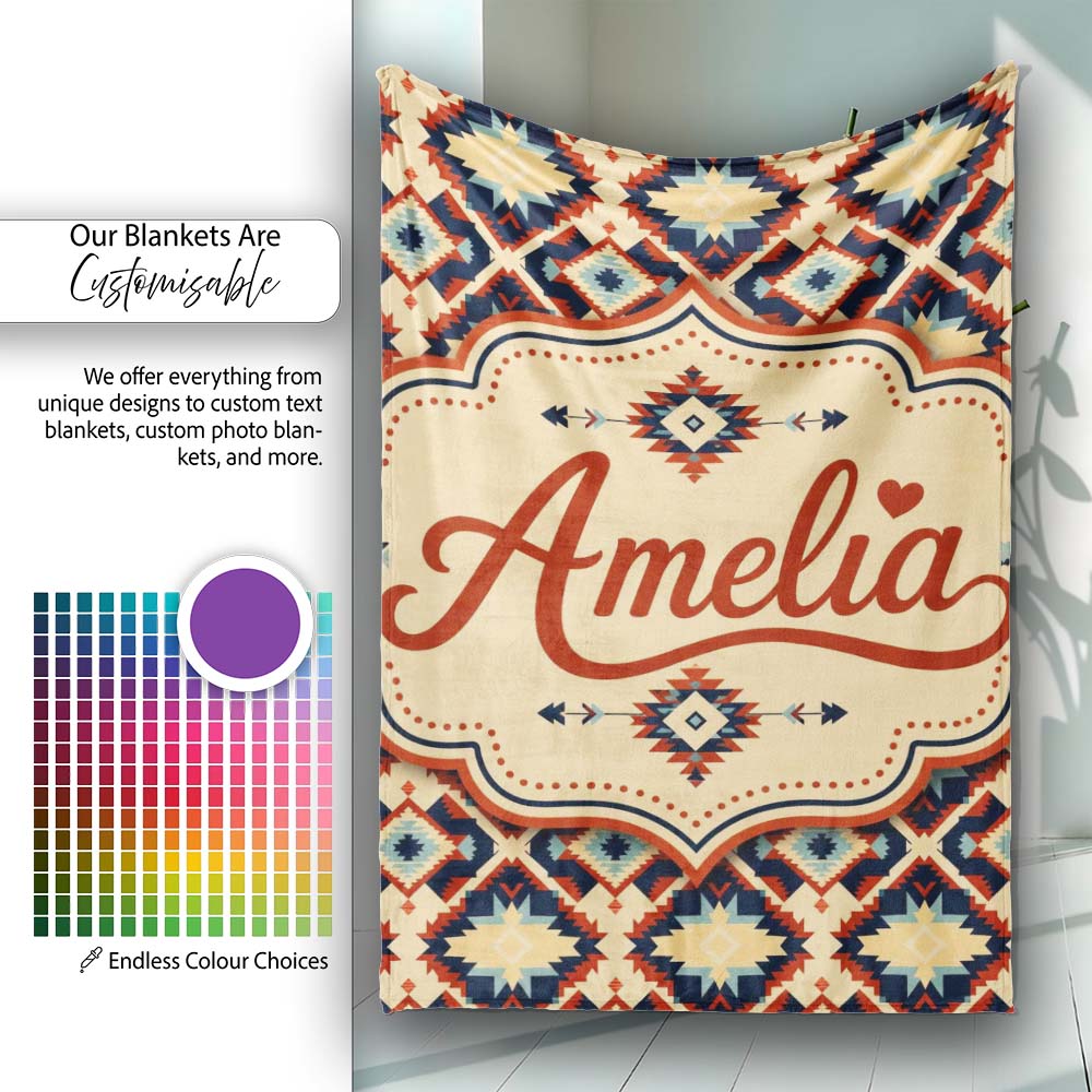 Bold Geometric Navajo Diamond Pattern in Red Navy and Cream Lovely  Personalised Custom Name Super Soft Fleece Blanket Bed Sofa Throw