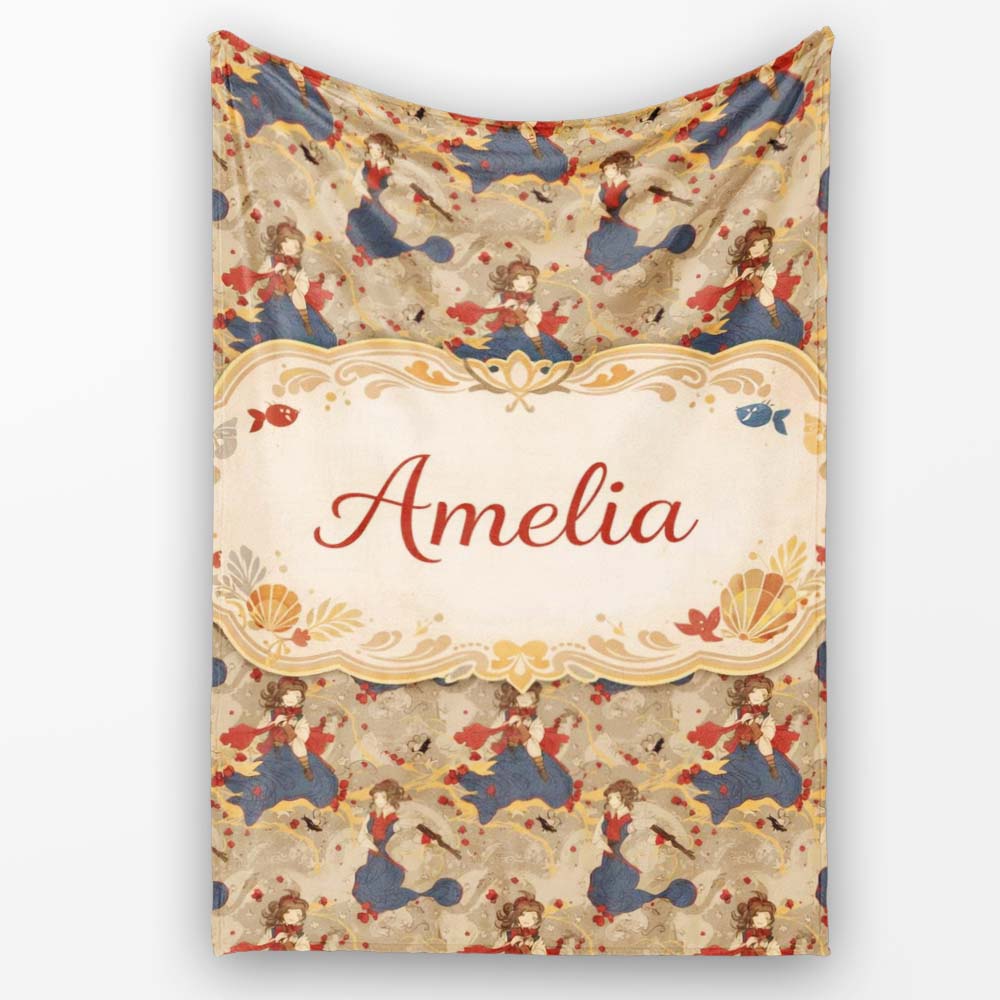 Vintage Girl with Gun Artistic Illustration Pattern Cute Unique Gift  Personalised Custom Name Super Soft Fleece Blanket Bed Sofa Throw