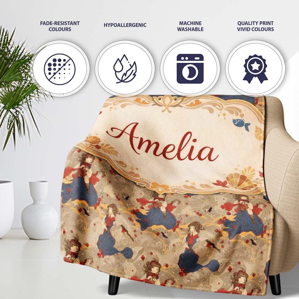 Vintage Girl with Gun Artistic Illustration Pattern Cute Unique Gift  Personalised Custom Name Super Soft Fleece Blanket Bed Sofa Throw