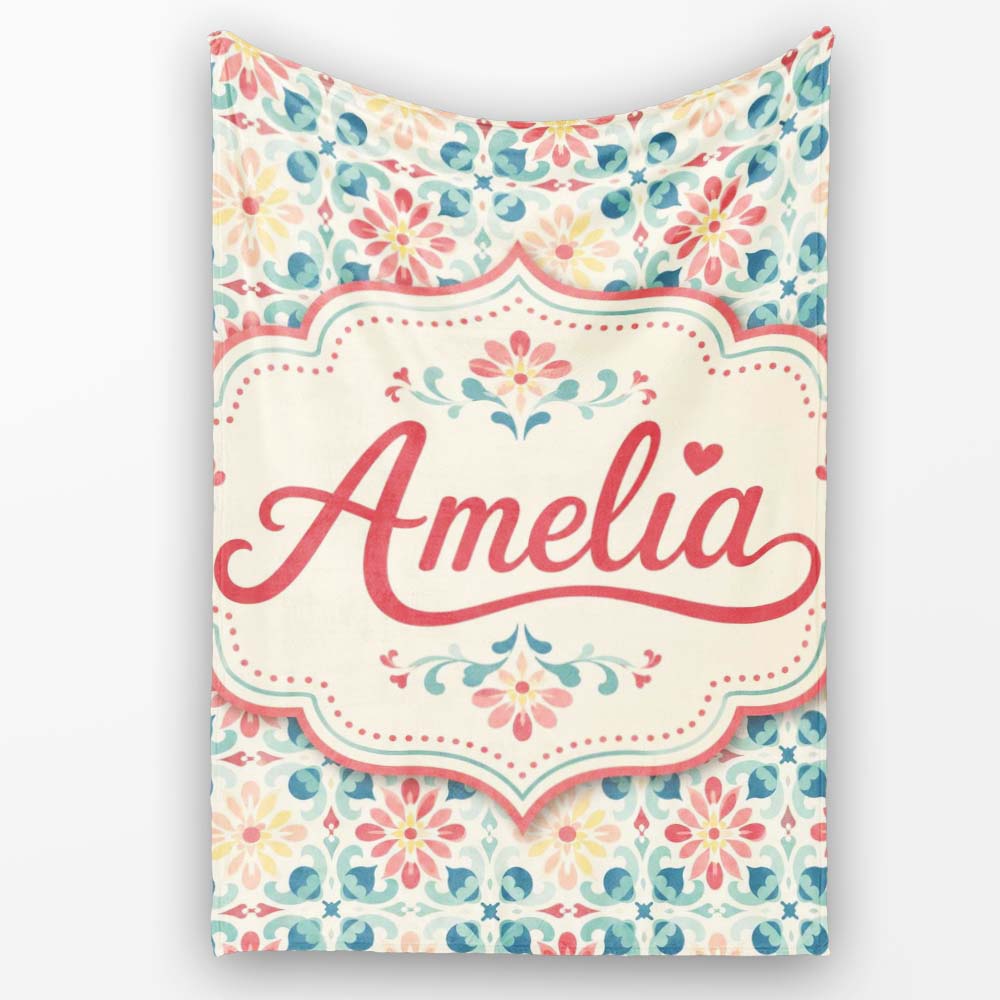 Pastel Floral Tile Pattern in Coral Blue and Yellow on Soft Cream  Personalised Custom Name Super Soft Fleece Blanket Bed Sofa Throw