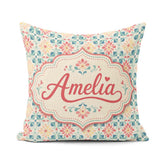 Custom Name Pastel Floral Tile Pattern in Coral Blue and on Soft Square Filled Cushion Throw Pillow Sofa Bed Home Decor Zip Washable UK Made