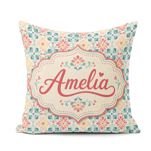 Custom Name Pastel Floral Tile Pattern in Coral Blue and on Soft Square Filled Cushion Throw Pillow Sofa Bed Home Decor Zip Washable UK Made