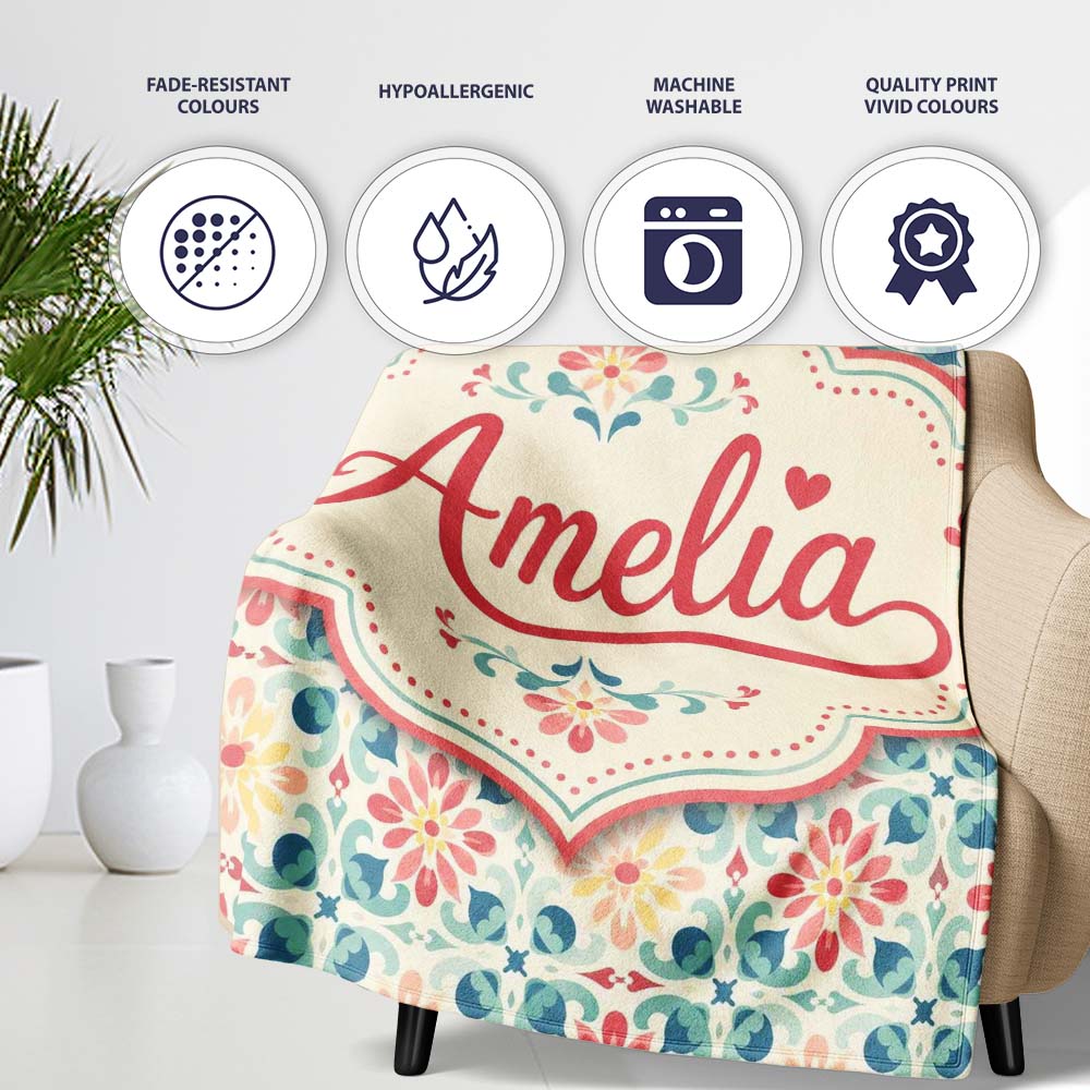 Pastel Floral Tile Pattern in Coral Blue and Yellow on Soft Cream  Personalised Custom Name Super Soft Fleece Blanket Bed Sofa Throw