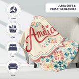 Pastel Floral Tile Pattern in Coral Blue and Yellow on Soft Cream  Personalised Custom Name Super Soft Fleece Blanket Bed Sofa Throw