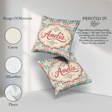 Custom Name Pastel Floral Tile Pattern in Coral Blue and on Soft Square Filled Cushion Throw Pillow Sofa Bed Home Decor Zip Washable UK Made