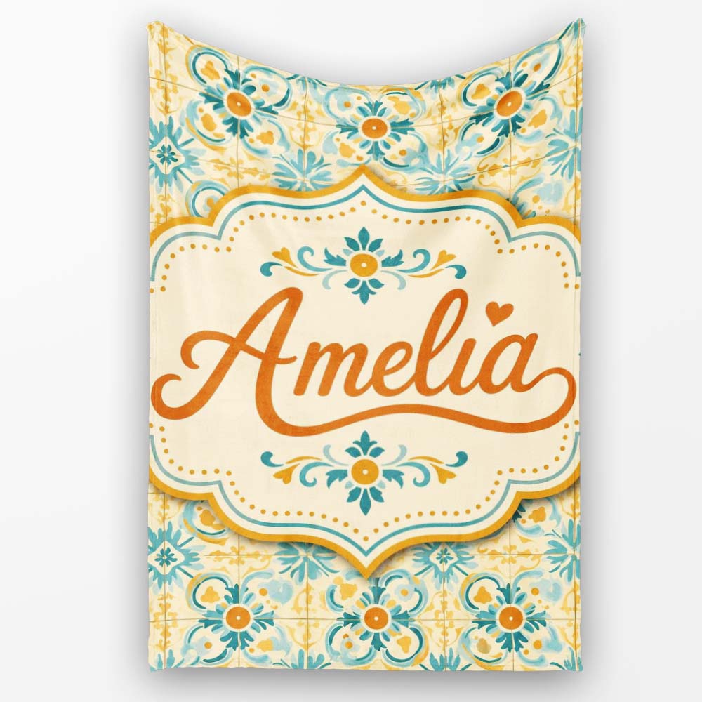 Vintage Ornamental Tile in Teal and Mustard on Distressed Beige  Personalised Custom Name Super Soft Fleece Blanket Bed Sofa Throw