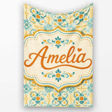 Vintage Ornamental Tile in Teal and Mustard on Distressed Beige  Personalised Custom Name Super Soft Fleece Blanket Bed Sofa Throw