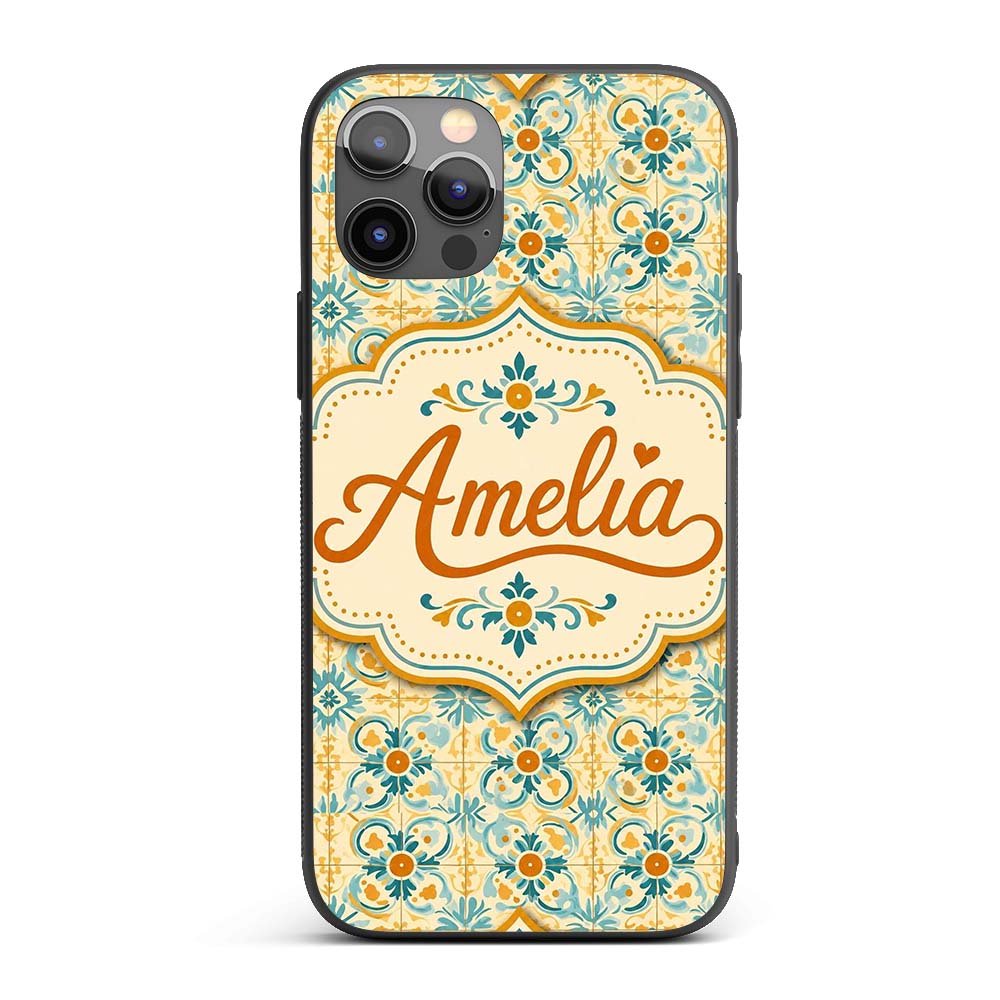 Vintage Ornamental Tile in Teal and Mustard on Custom Name Protective Phone Case Mobile Cover Durable Everyday Smartphone Shock Resistant