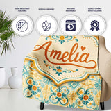 Vintage Ornamental Tile in Teal and Mustard on Distressed Beige  Personalised Custom Name Super Soft Fleece Blanket Bed Sofa Throw