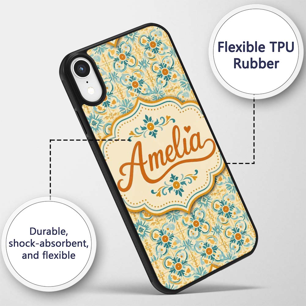 Vintage Ornamental Tile in Teal and Mustard on Custom Name Protective Phone Case Mobile Cover Durable Everyday Smartphone Shock Resistant