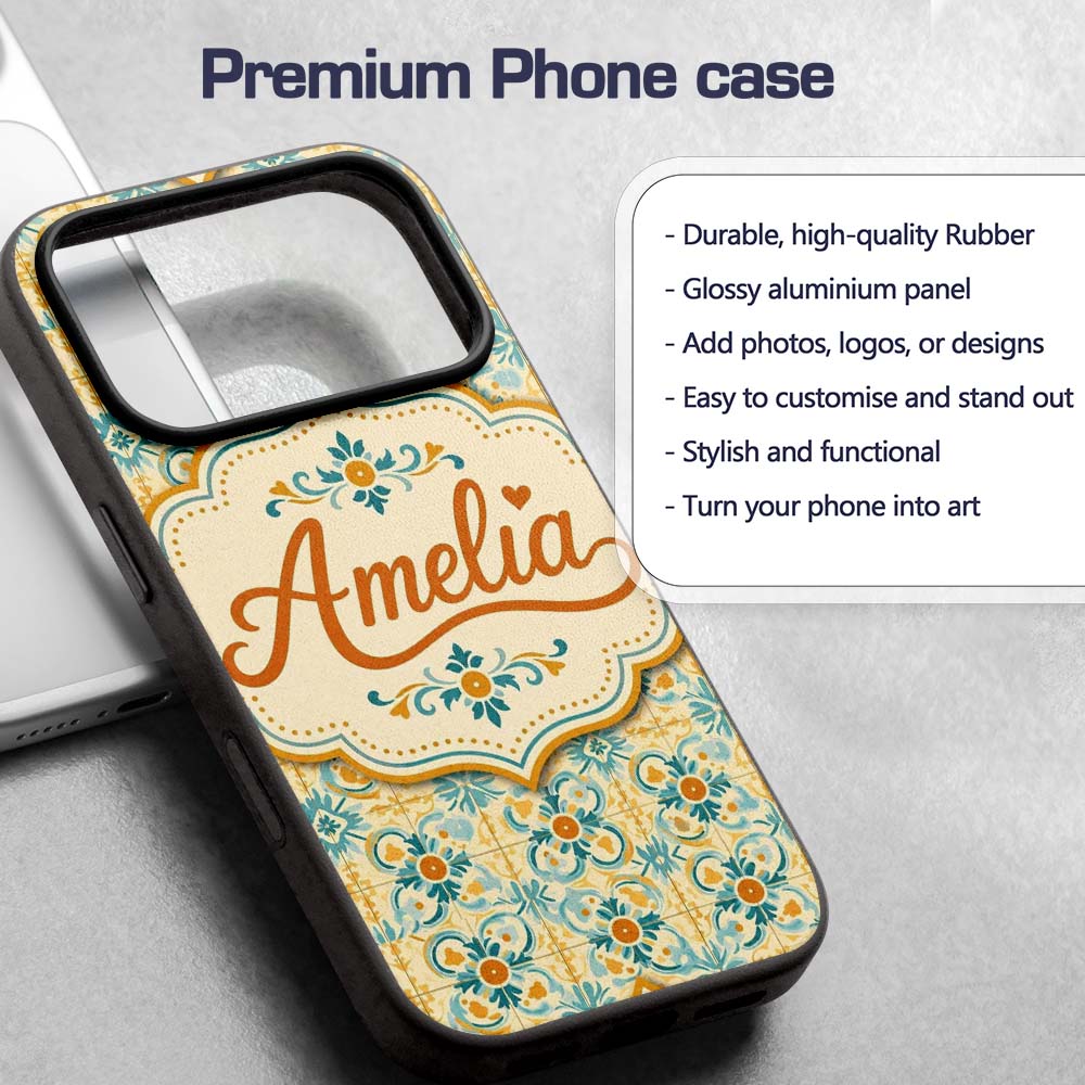 Vintage Ornamental Tile in Teal and Mustard on Custom Name Protective Phone Case Mobile Cover Durable Everyday Smartphone Shock Resistant