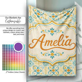 Vintage Ornamental Tile in Teal and Mustard on Distressed Beige  Personalised Custom Name Super Soft Fleece Blanket Bed Sofa Throw