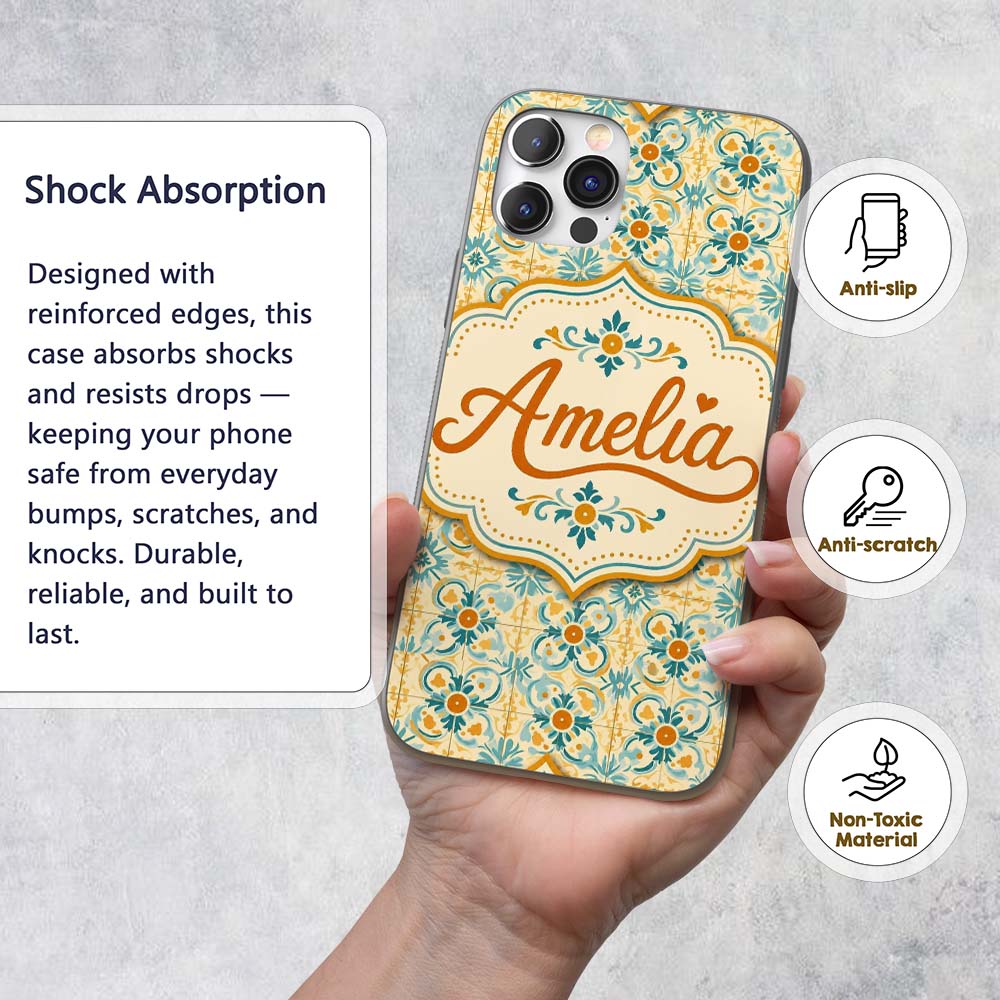 Vintage Ornamental Tile in Teal and Mustard on Custom Name Protective Phone Case Mobile Cover Durable Everyday Smartphone Shock Resistant