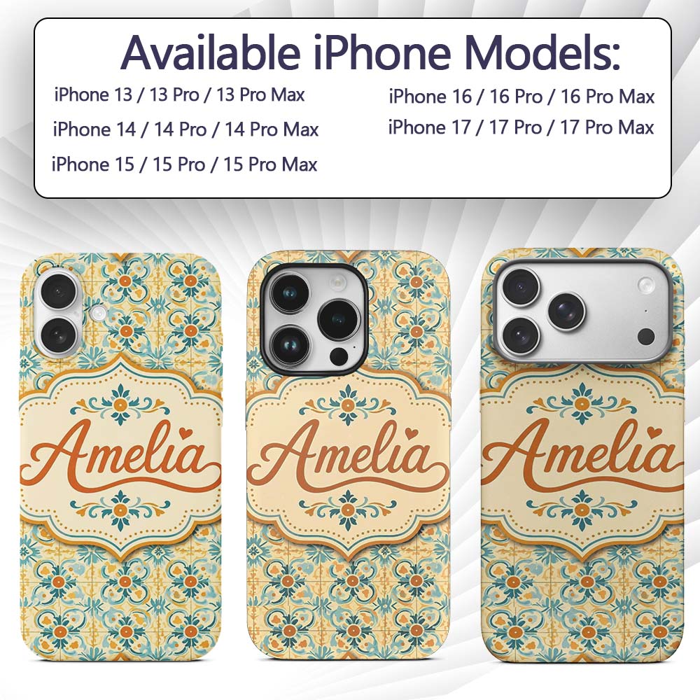 Vintage Ornamental Tile in Teal and Mustard on Custom Name Protective Phone Case Mobile Cover Durable Everyday Smartphone Shock Resistant