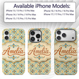 Vintage Ornamental Tile in Teal and Mustard on Custom Name Protective Phone Case Mobile Cover Durable Everyday Smartphone Shock Resistant