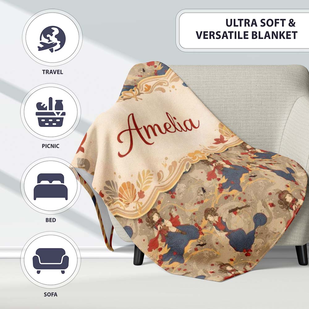 Vintage Girl with Gun Artistic Illustration Pattern Cute Unique Gift  Personalised Custom Name Super Soft Fleece Blanket Bed Sofa Throw