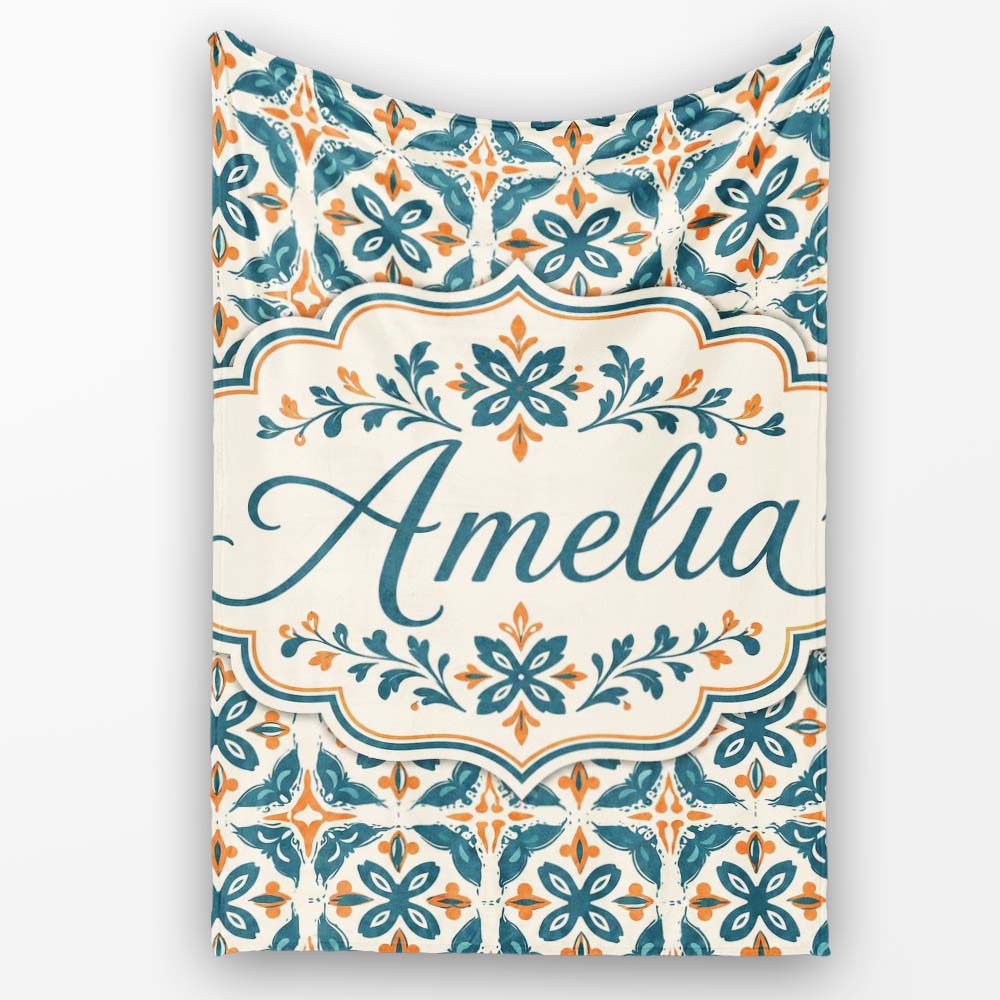 Geometric Floral Tile Pattern in Teal and Burnt Orange on Neutral  Personalised Custom Name Super Soft Fleece Blanket Bed Sofa Throw
