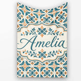Geometric Floral Tile Pattern in Teal and Burnt Orange on Neutral  Personalised Custom Name Super Soft Fleece Blanket Bed Sofa Throw