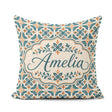 Custom Name Geometric Floral Tile Pattern in and Burnt Orange on Square Filled Cushion Throw Pillow Sofa Bed Home Decor Zip Washable UK Made