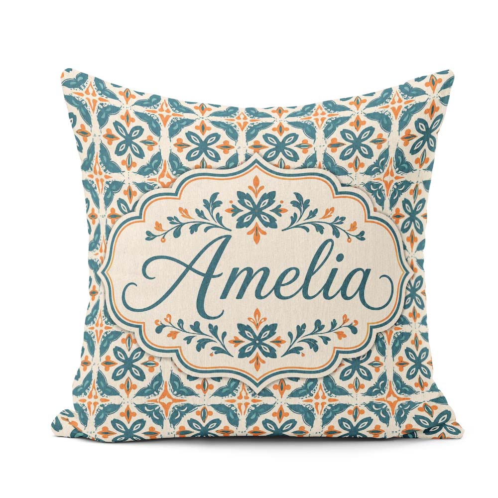 Custom Name Geometric Floral Tile Pattern in and Burnt Orange on Square Filled Cushion Throw Pillow Sofa Bed Home Decor Zip Washable UK Made