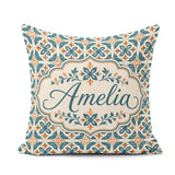 Custom Name Geometric Floral Tile Pattern in and Burnt Orange on Square Filled Cushion Throw Pillow Sofa Bed Home Decor Zip Washable UK Made