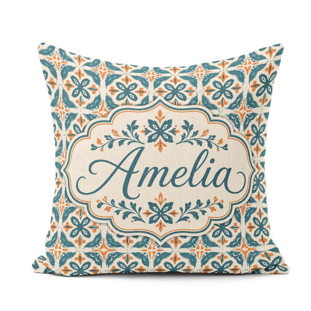 Custom Name Geometric Floral Tile Pattern in and Burnt Orange on Square Filled Cushion Throw Pillow Sofa Bed Home Decor Zip Washable UK Made