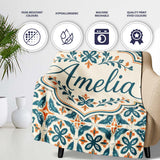 Geometric Floral Tile Pattern in Teal and Burnt Orange on Neutral  Personalised Custom Name Super Soft Fleece Blanket Bed Sofa Throw