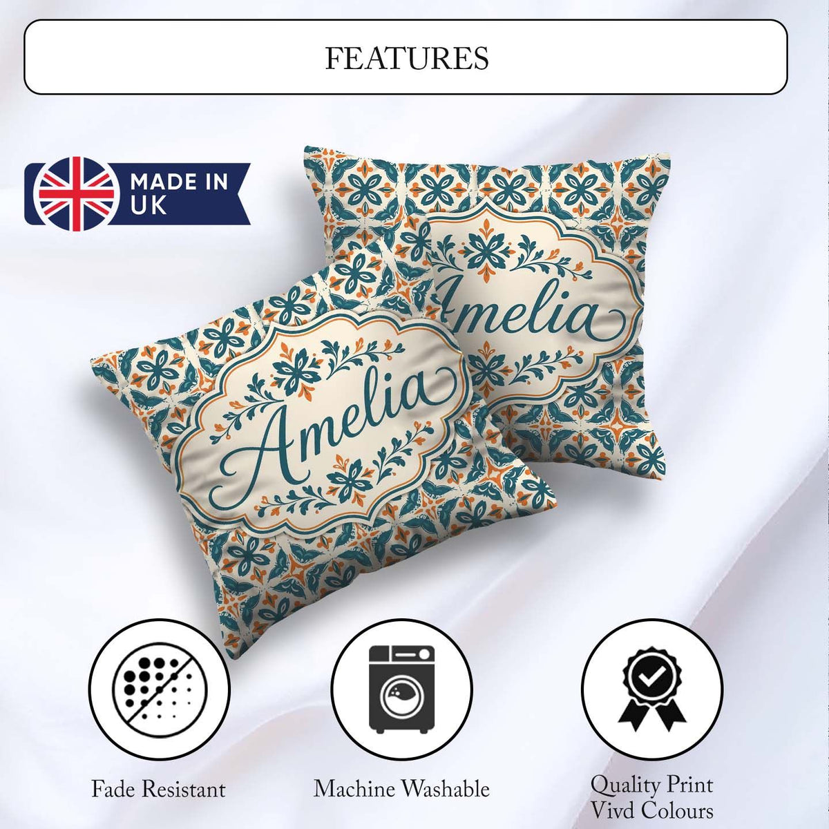 Custom Name Geometric Floral Tile Pattern in and Burnt Orange on Square Filled Cushion Throw Pillow Sofa Bed Home Decor Zip Washable UK Made
