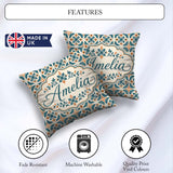 Custom Name Geometric Floral Tile Pattern in and Burnt Orange on Square Filled Cushion Throw Pillow Sofa Bed Home Decor Zip Washable UK Made