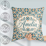 Custom Name Geometric Floral Tile Pattern in and Burnt Orange on Square Filled Cushion Throw Pillow Sofa Bed Home Decor Zip Washable UK Made