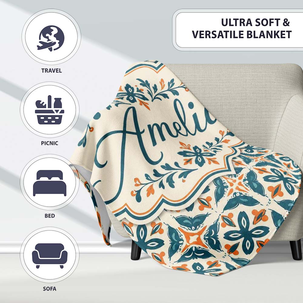 Geometric Floral Tile Pattern in Teal and Burnt Orange on Neutral  Personalised Custom Name Super Soft Fleece Blanket Bed Sofa Throw