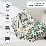 Geometric Floral Tile Pattern in Teal and Burnt Orange on Neutral  Personalised Custom Name Super Soft Fleece Blanket Bed Sofa Throw