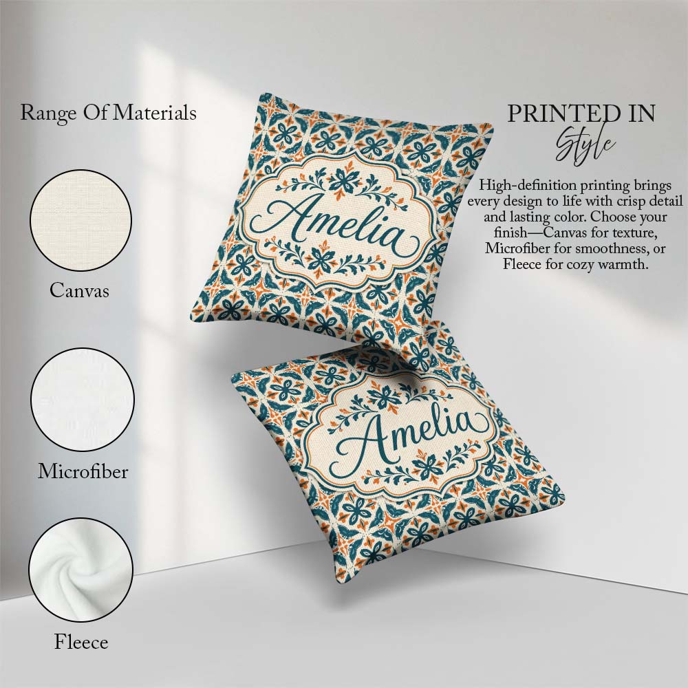 Custom Name Geometric Floral Tile Pattern in and Burnt Orange on Square Filled Cushion Throw Pillow Sofa Bed Home Decor Zip Washable UK Made
