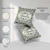 Custom Name Geometric Floral Tile Pattern in and Burnt Orange on Square Filled Cushion Throw Pillow Sofa Bed Home Decor Zip Washable UK Made