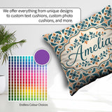 Custom Name Geometric Floral Tile Pattern in and Burnt Orange on Square Filled Cushion Throw Pillow Sofa Bed Home Decor Zip Washable UK Made