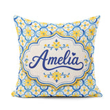 Custom Name Blue and Yellow Tile Pattern with Floral Motifs Square Filled Cushion Throw Pillow Sofa Bed Home Decor Zip Washable UK Made