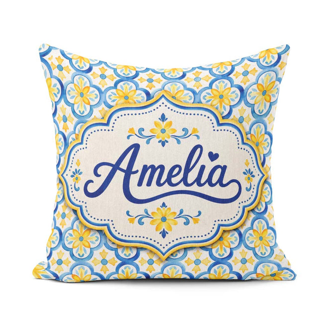 Custom Name Blue and Yellow Tile Pattern with Floral Motifs Square Filled Cushion Throw Pillow Sofa Bed Home Decor Zip Washable UK Made