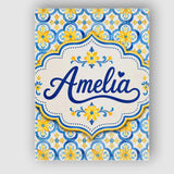 Personalised Name Blue and Yellow Mediterranean Tile Pattern with Stylish Home Interior Canvas Wall Art Print Decor Picture Ready to Hang