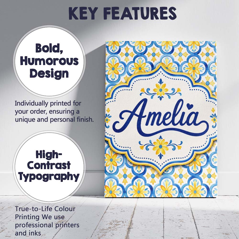 Personalised Name Blue and Yellow Mediterranean Tile Pattern with Stylish Home Interior Canvas Wall Art Print Decor Picture Ready to Hang